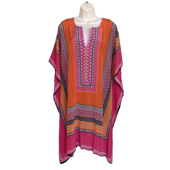 NEW Trina Turk Theodora Silk Caftan Dress Orange Pink Geo Multi XS / S - Picture 1 of 9
